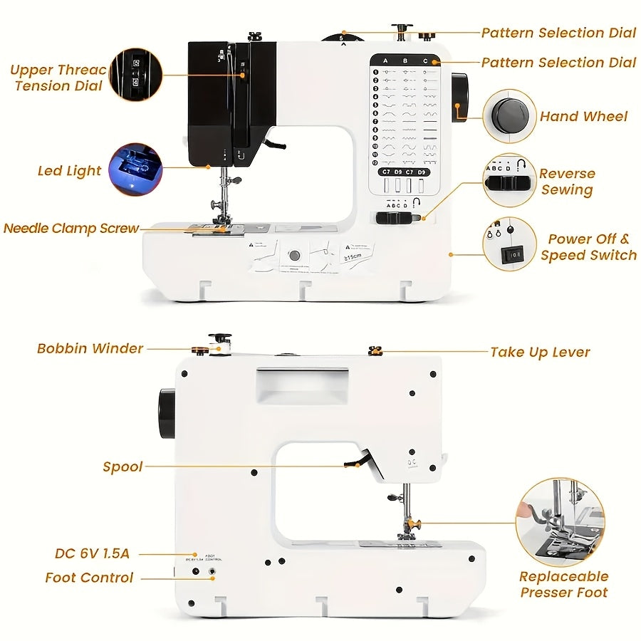 Portable European Regulation Sewing Machine with Foot Pedal for Beginners White