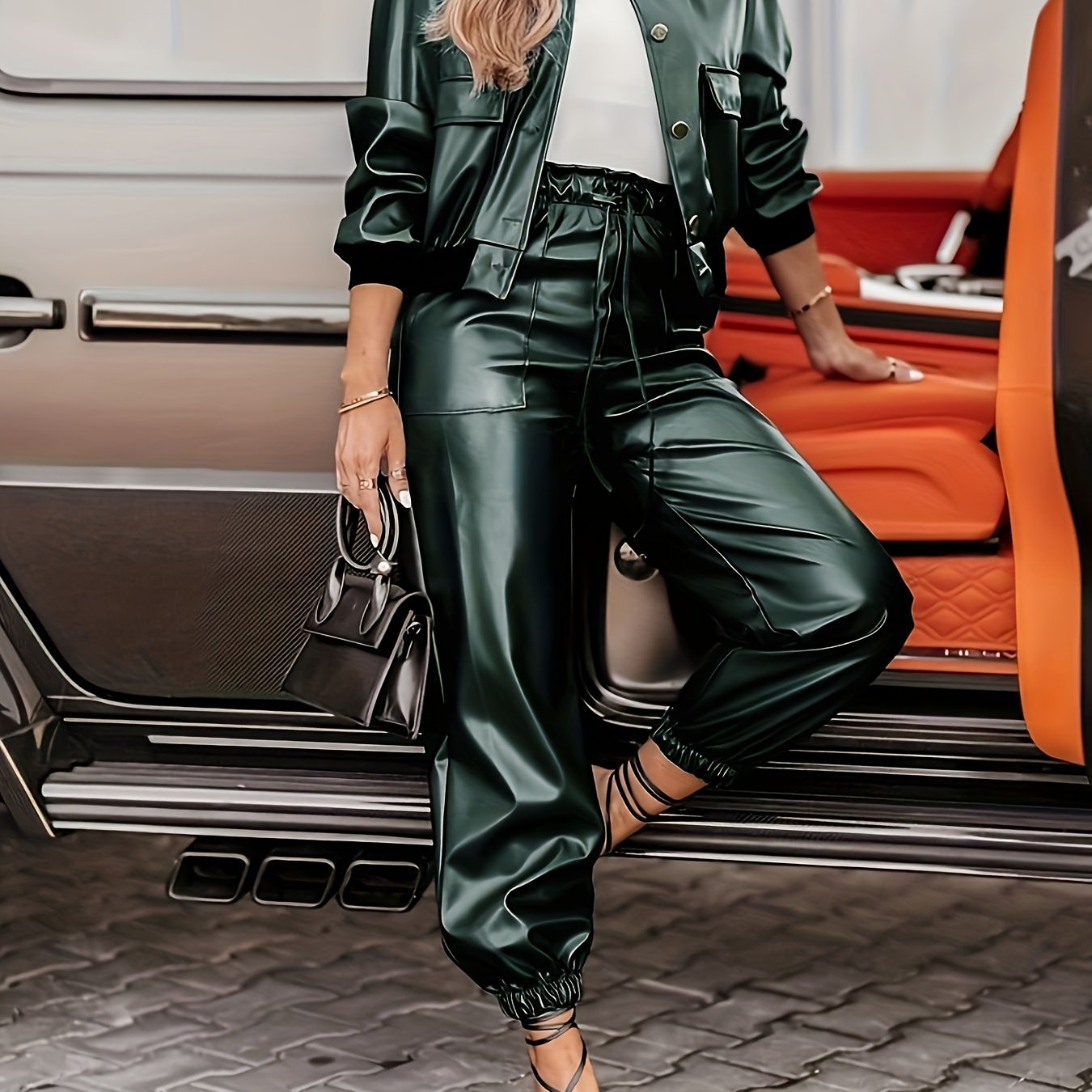 Women's PU Two-Piece Set Long Sleeve Jacket and Pants Solid Color Casual