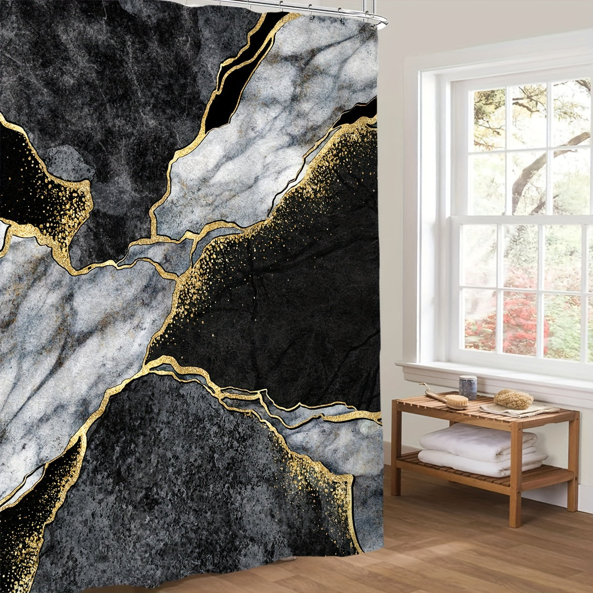 Marble Texture Shower Curtain Set with Black White Gold Crack Pattern Includes Hooks Bathroom Accessories