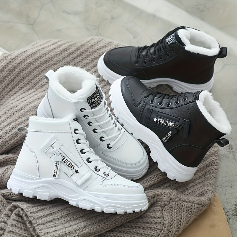 Women's Winter Ankle Boots Faux Leather Lace-Up Waterproof Black White