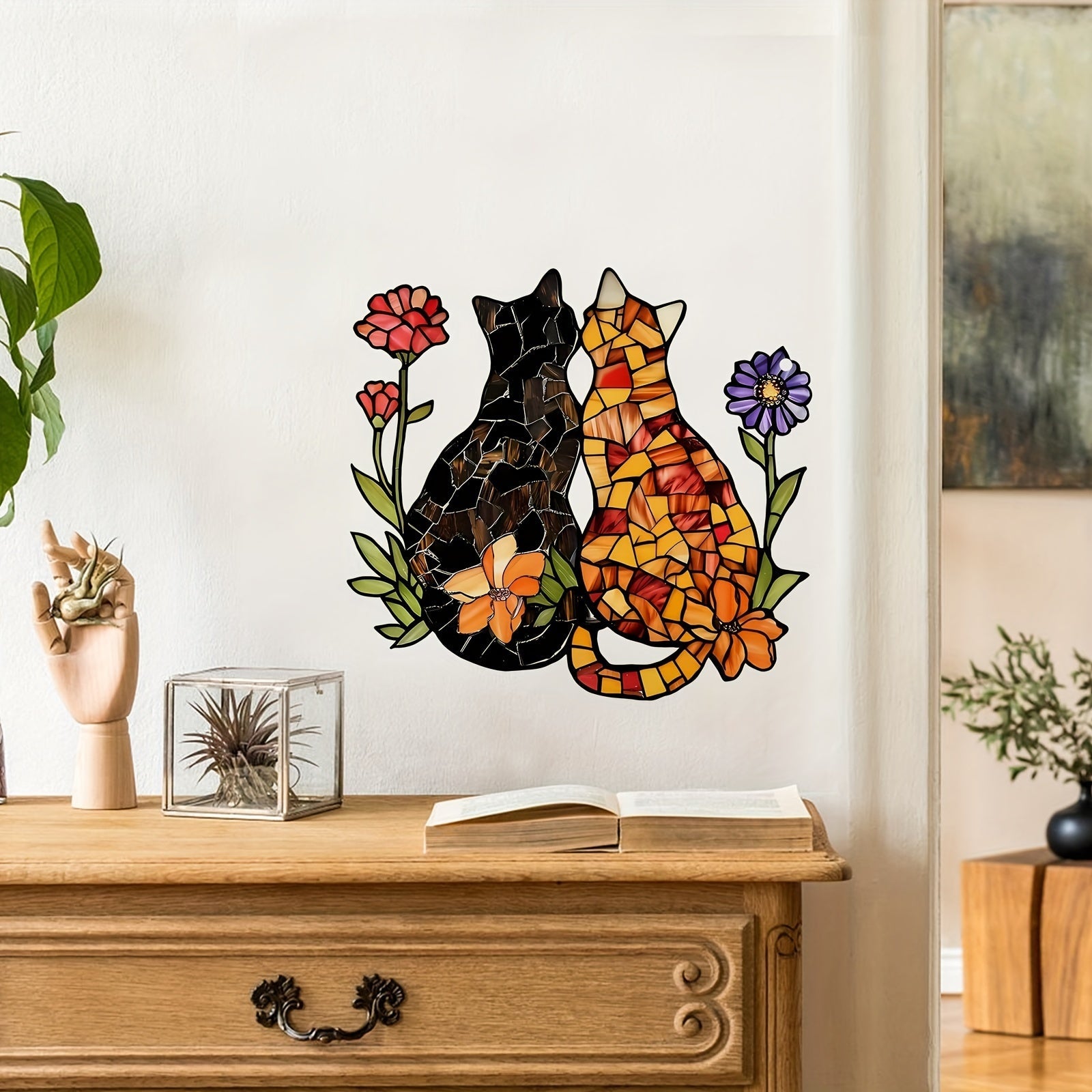 Decorative Stained Glass Window Sticker Black and Orange Cat Flowers 20cm