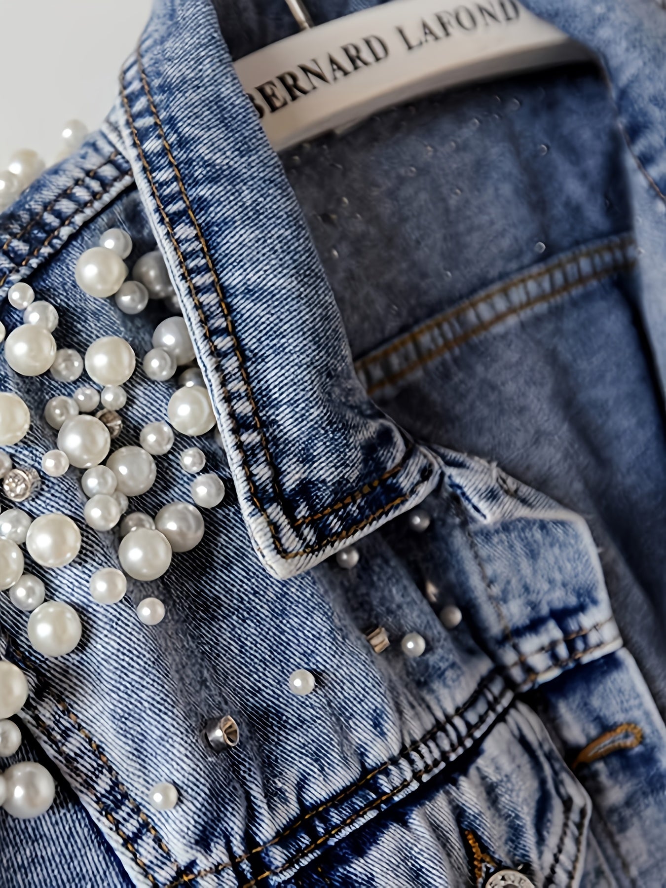 Women's Denim Jacket With Pearls Spring Autumn Street Style