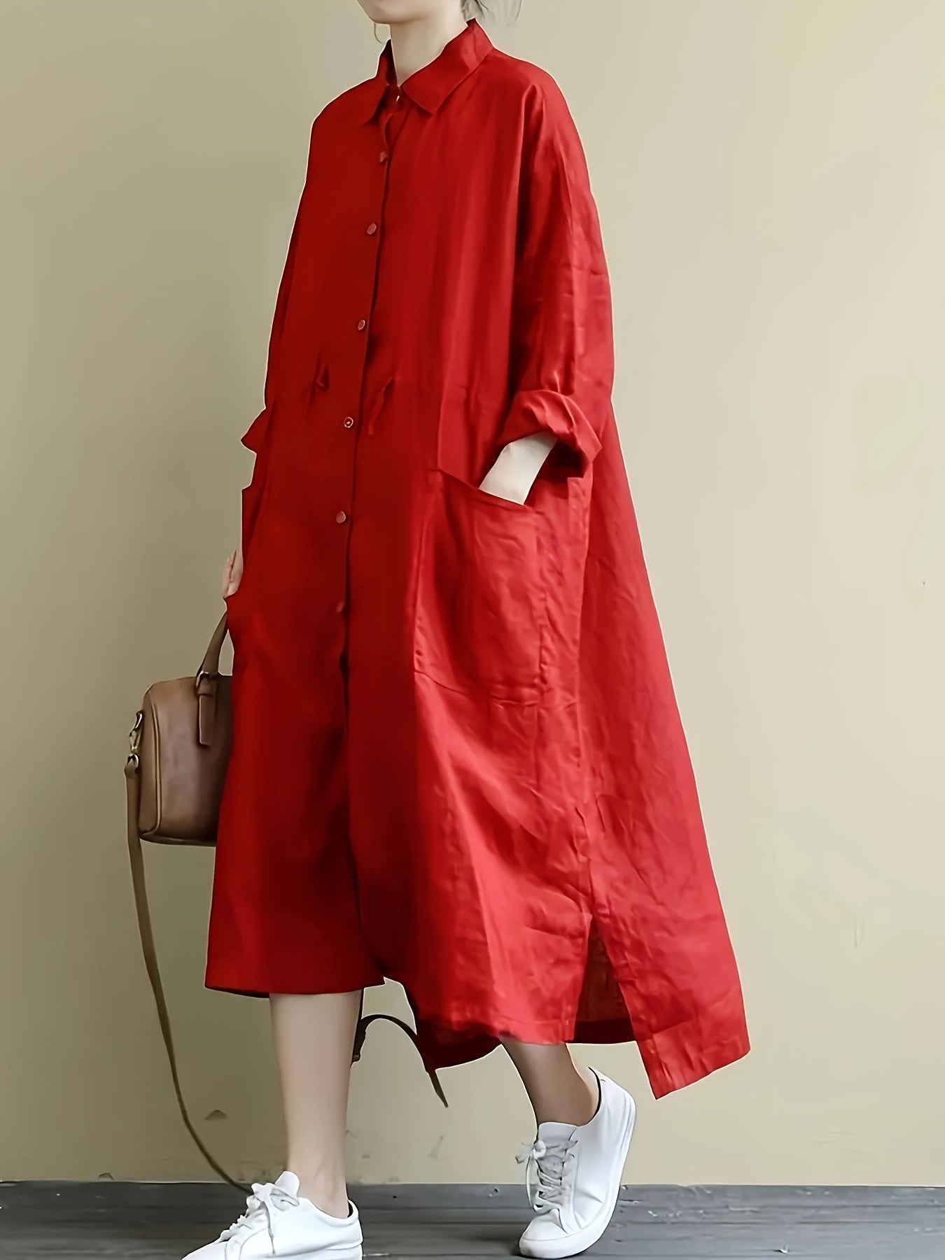 Red Linen Shirt Dress Casual Loose Fit Button Detail Non-Stretch Fabric Spring Collection