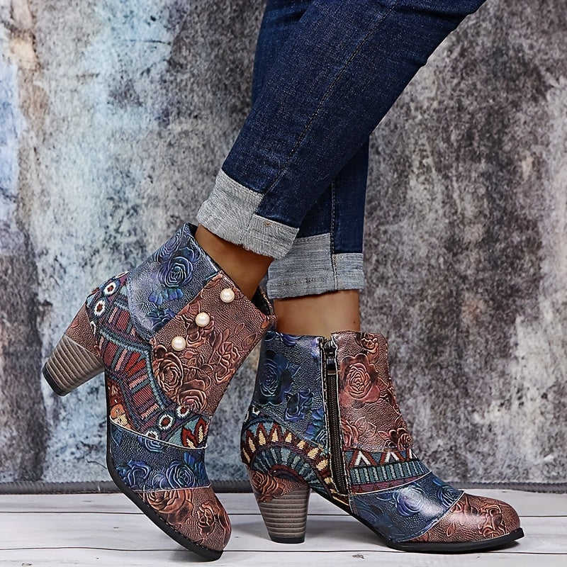 Women's Floral Pattern Ankle Boots with Chunky Heel and Side Zipper