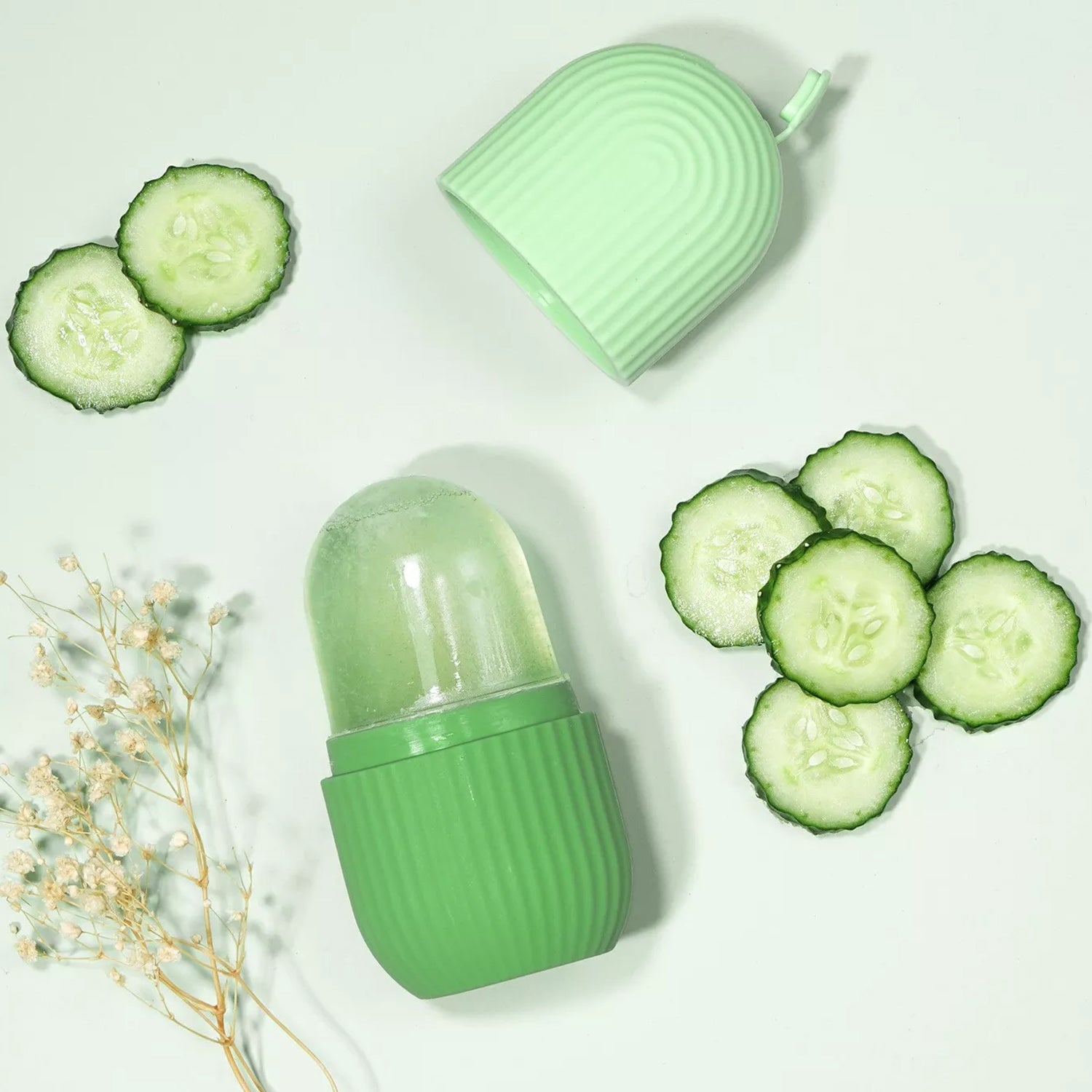 Ayollar va erkaklar uchun silikonli muzli yuz massaji, ko'z va yuz parvarishi uchun qiyshiq dizayni bilan