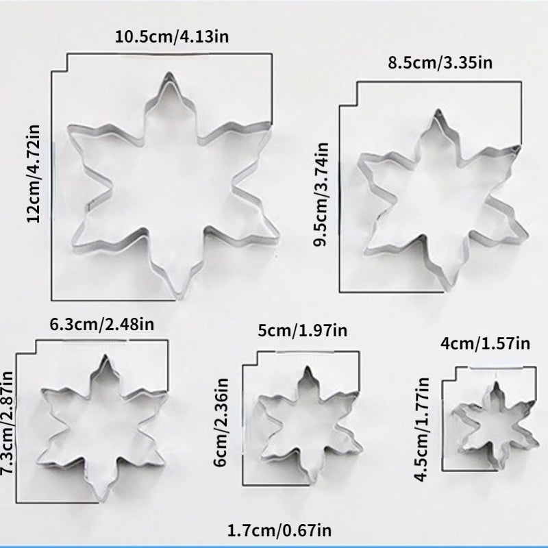 Set of 5 Stainless Steel Snowflake Cookie Molds for Baking and Decorating