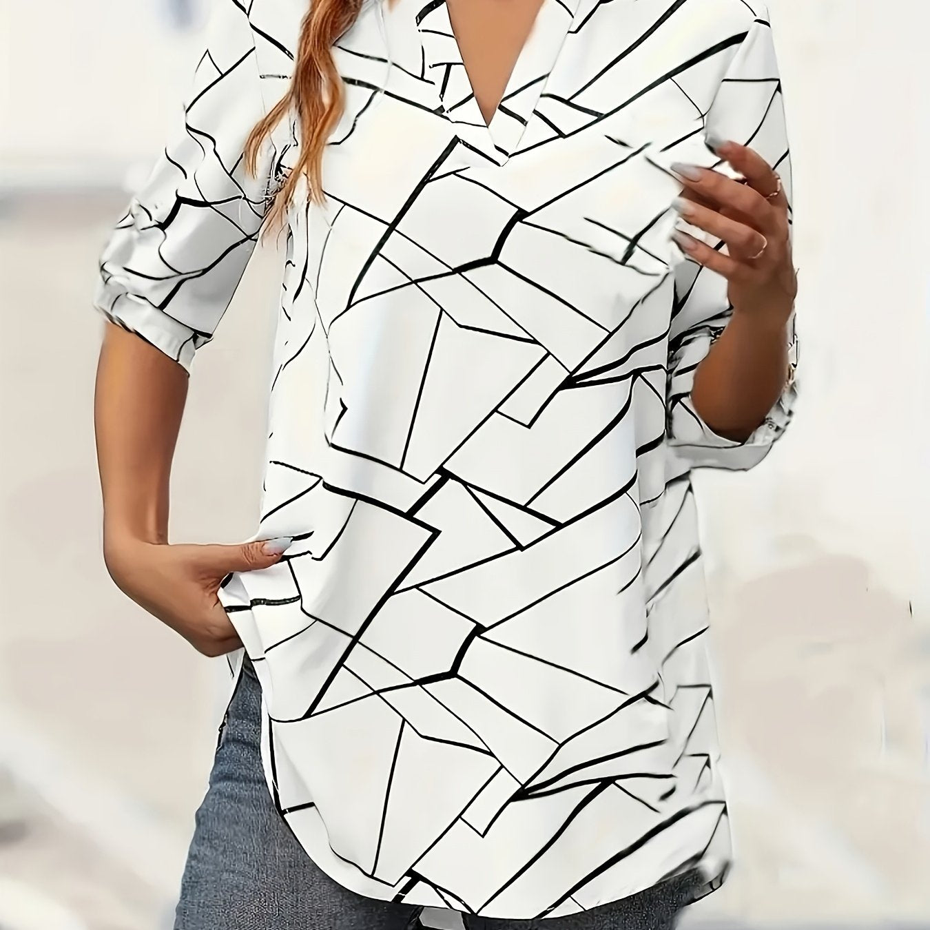 Women's V-Neck Blouse Lightweight Black and White Mosaic Top