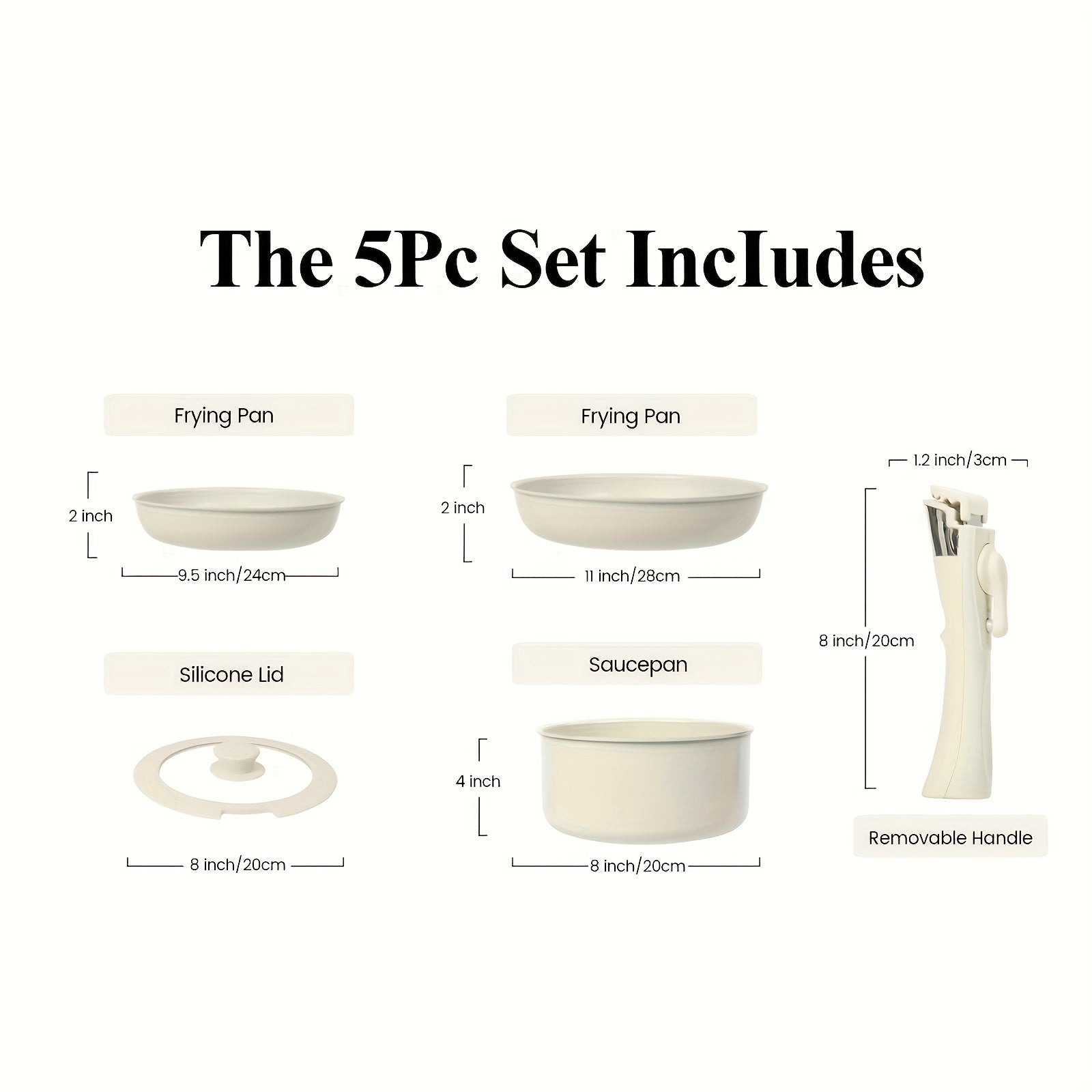 Juego de utensilios de cocina de aluminio antiadherente de 5 piezas con mangos removibles para todo tipo de cocinas