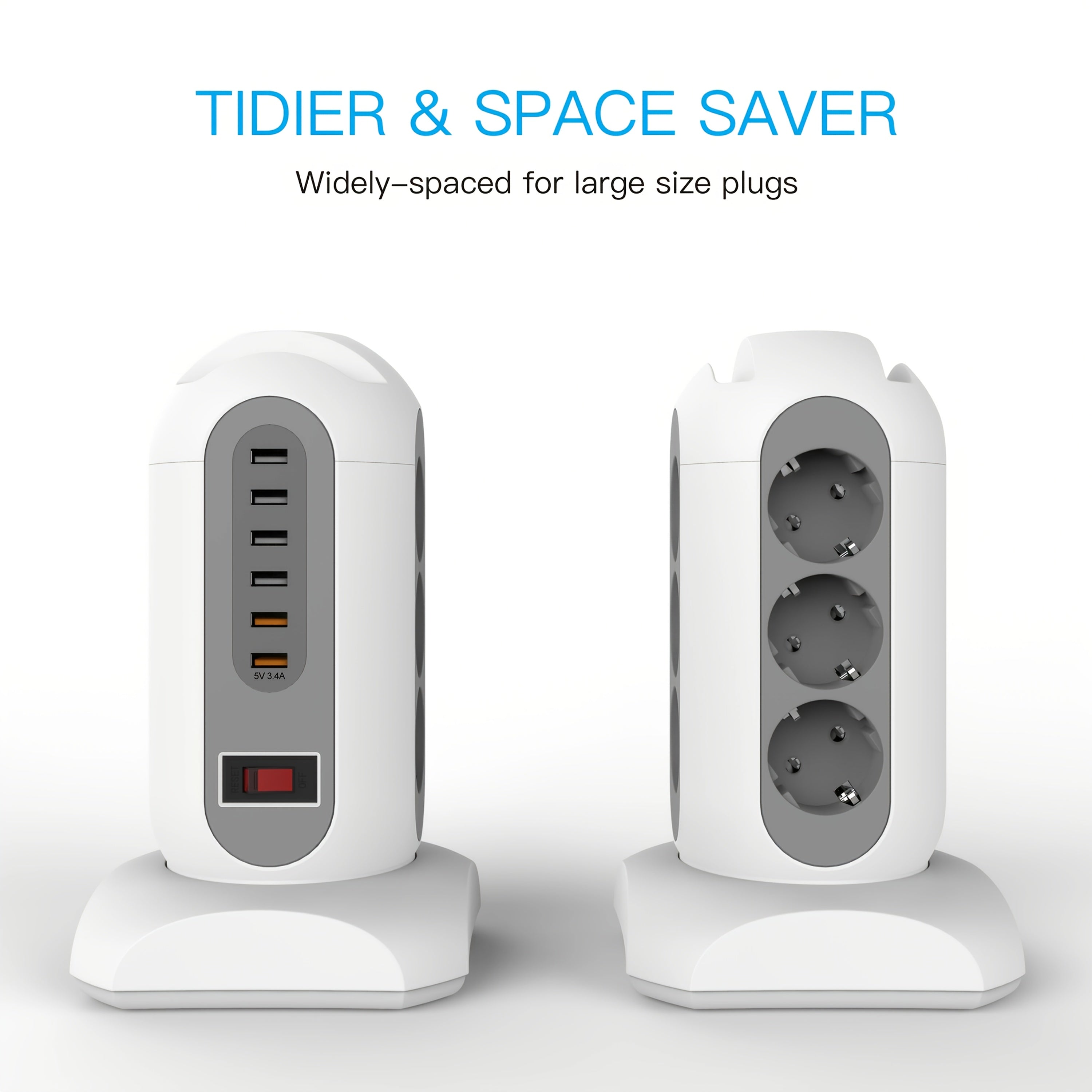 Regleta de corriente EU Tower con 9 tomas de corriente AC y 6 puertos USB, cable de 1.8 m, protección contra sobrecargas