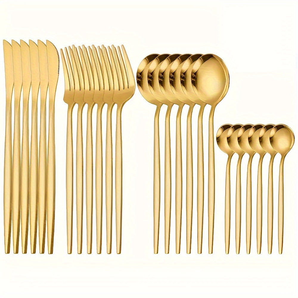 24-Piece Gold Finish Cutlery Set with Steak Knife Salad Fork Spoon Dishwasher Safe