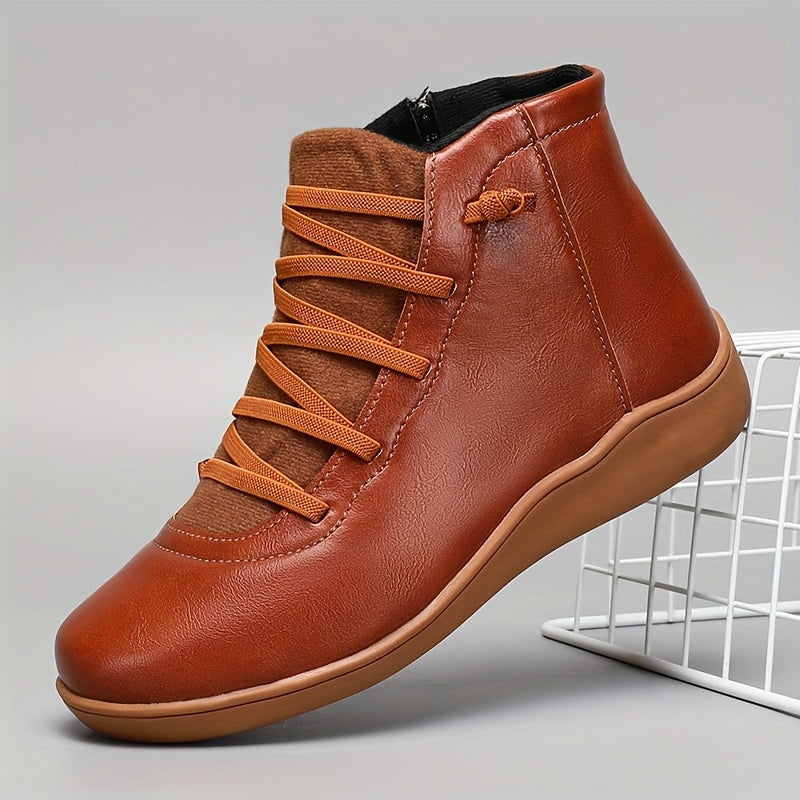 Women's Casual Ankle Boots Brown PU Low Heel Round Toe Lace-Up