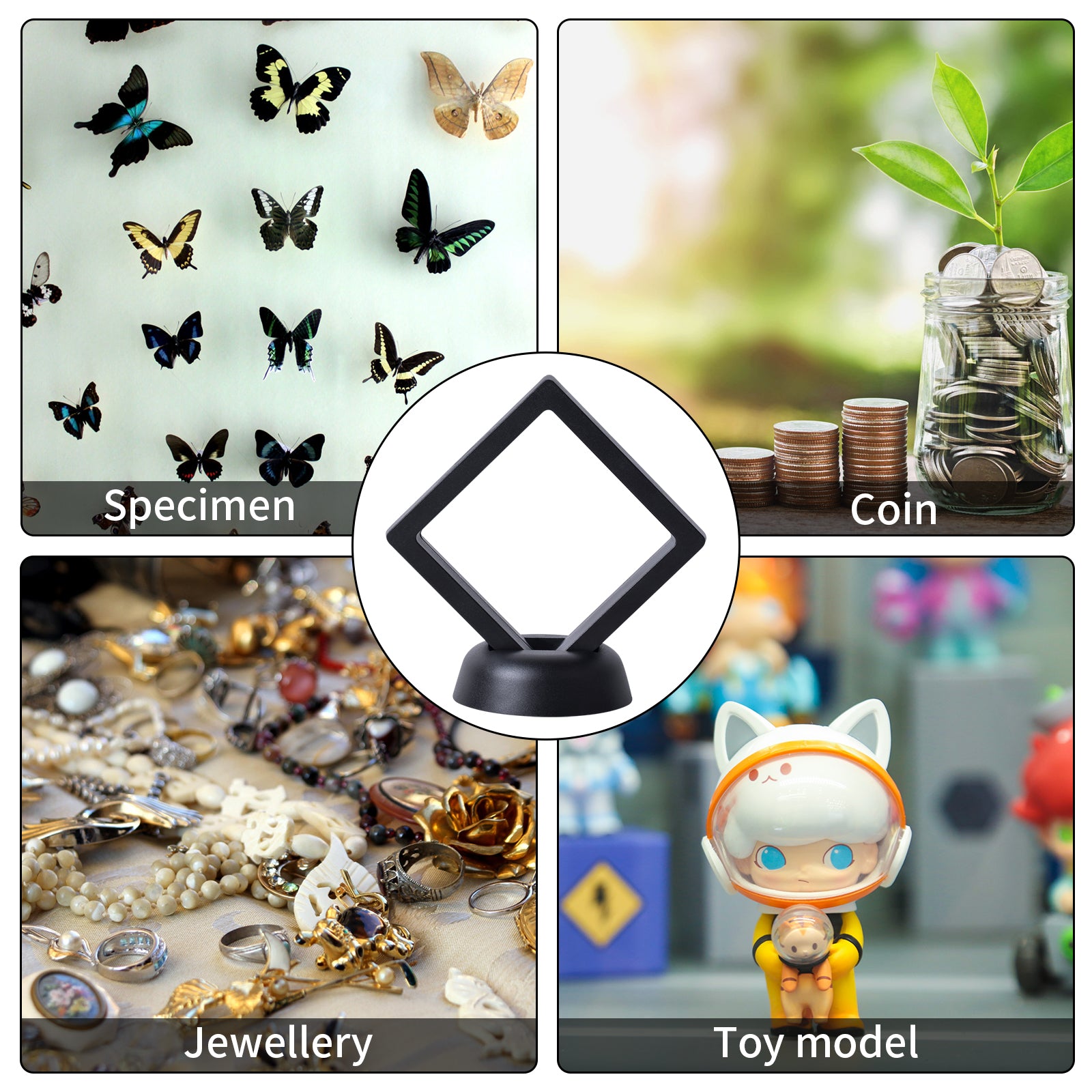 10 Sets of Jewelry Display Cases with 3D Floating Design and Thin Film for Rings Necklaces Bracelets Earrings