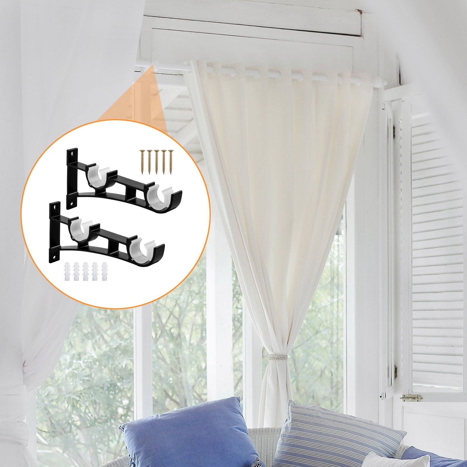 Soportes para cortinas de uso pesado con doble gancho, soportes de metal negro, hasta 50 kg