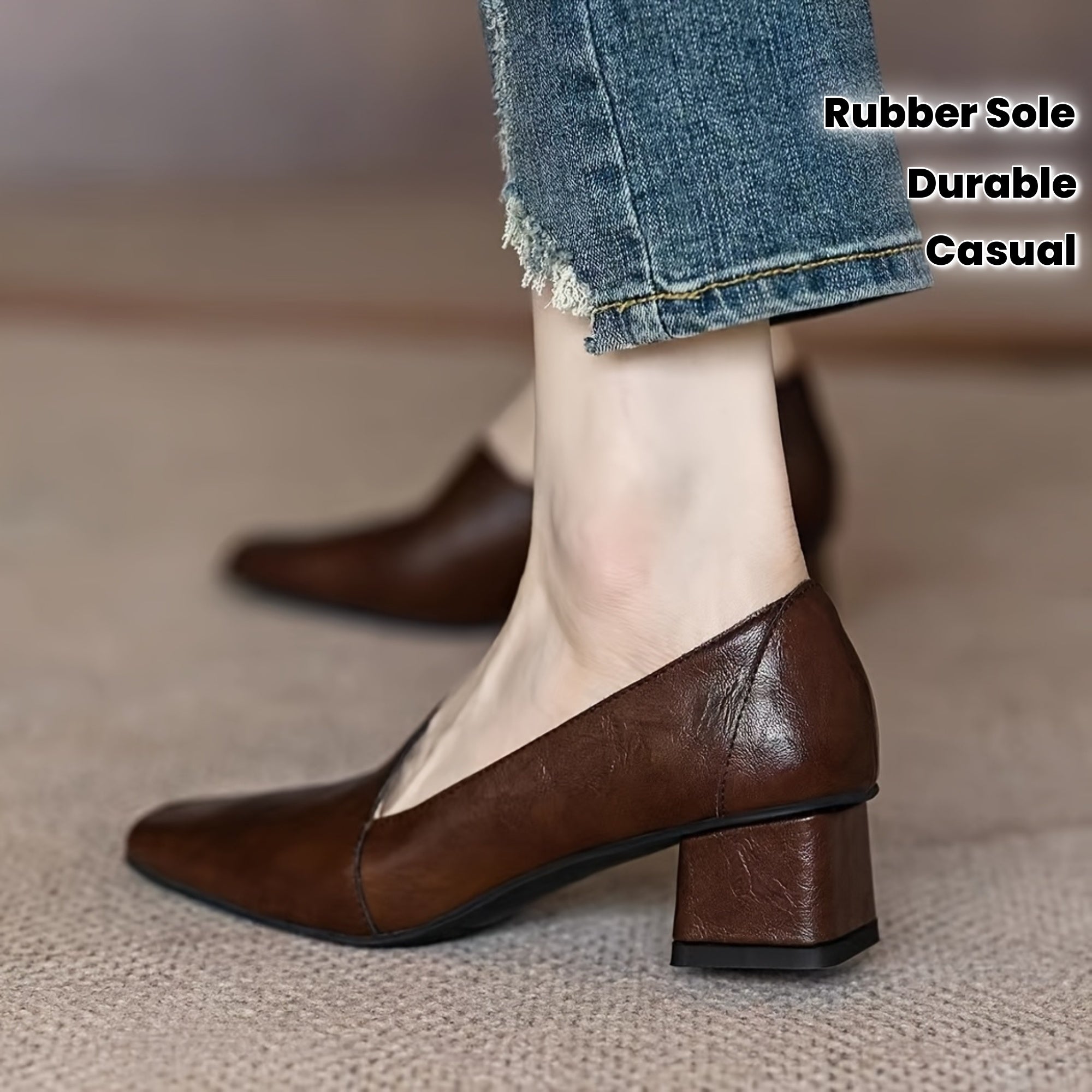 Women's Slip-On Mid-Heel Shoes Faux Cover Upper Rubber Sole Casual