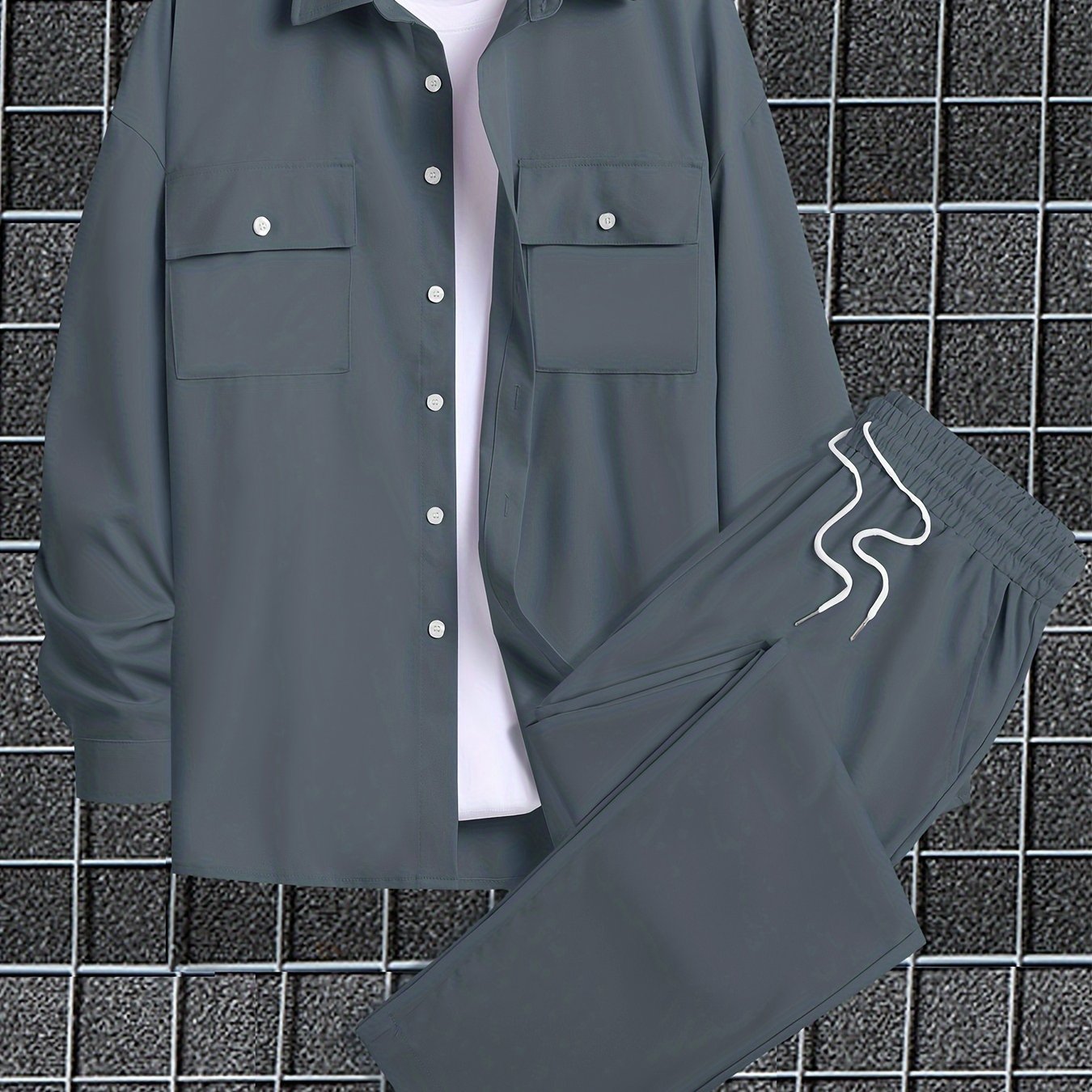 Men's Plus Size Solid Polyester Shirt and Pants Set for Fall Winter Casual