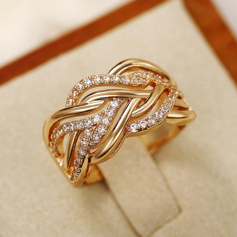 Women's Gold Wide Ring with Micropaved Zirconia Engagement Wedding Jewelry