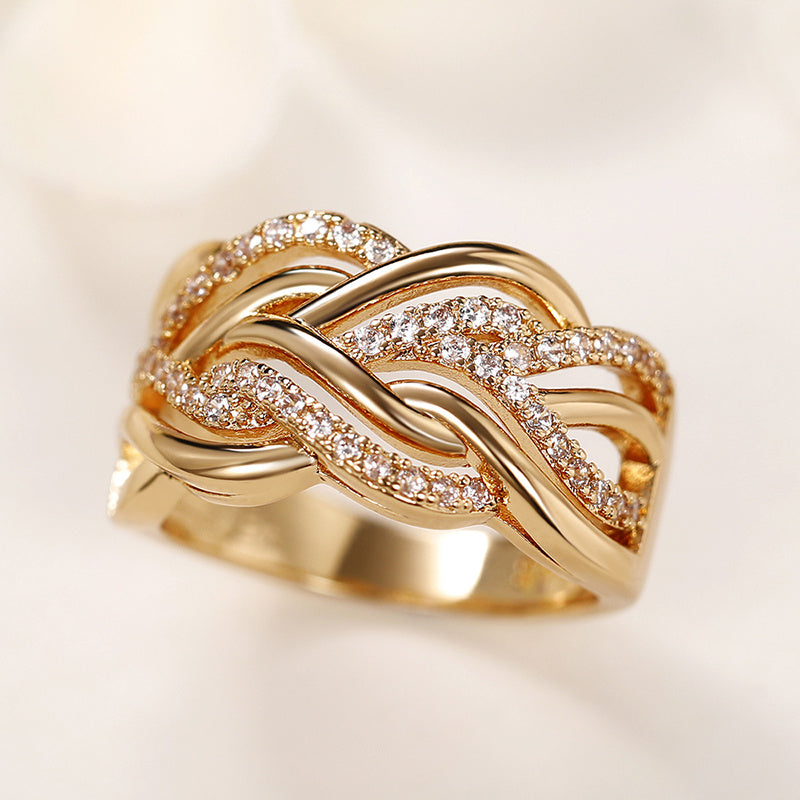 Women's Gold Wide Ring with Micropaved Zirconia Engagement Wedding Jewelry