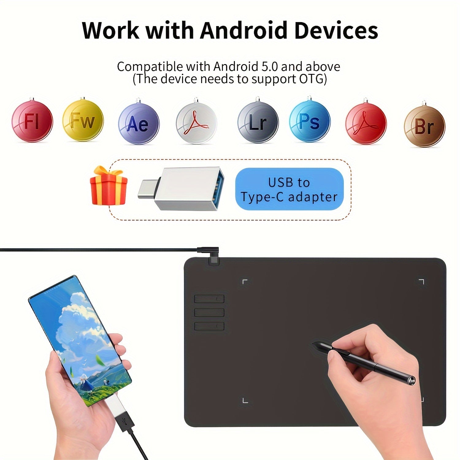 Graphics Drawing Tablet with Pen 16.99x10.69cm Active Area USB Compatible with Android Mac Windows No Battery