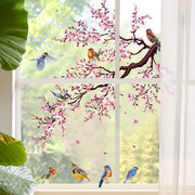 Dual-Sided Pink Floral Bird Glass Window Clings Reusable Decorative Stickers