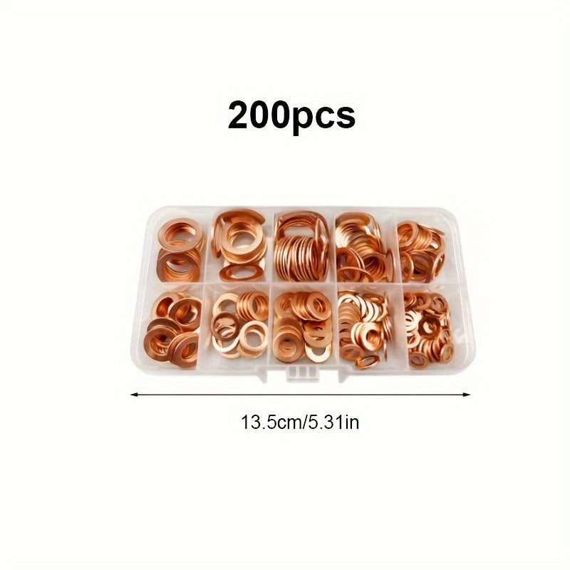 200pcs Copper Washer Gasket Set Assorted Flat Ring Seal Kit for Auto Repairs