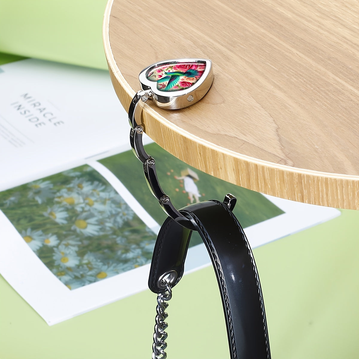 Foldable Hummingbird Heart-Shaped Purse Hanger Boho Chic Metal Handbag Hook