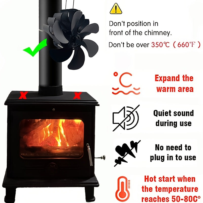 Wood Stove Chimney Fan Heat Powered Flue Pipe Fireplace Fan with 6 Blades for Winter Heating