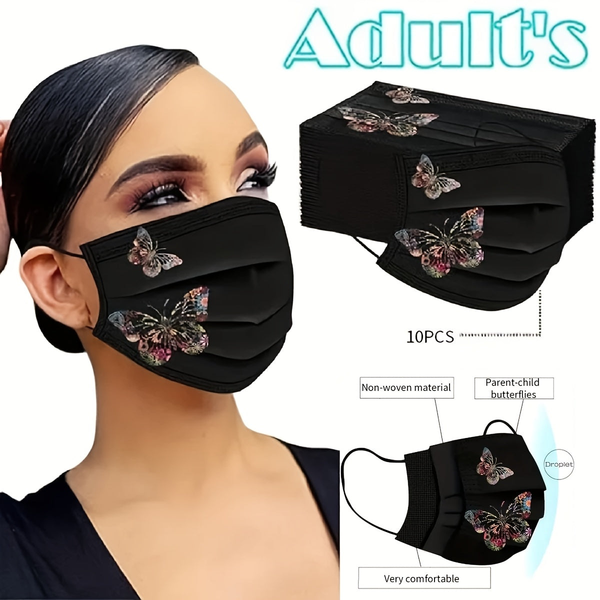 Set of 10 Black Butterfly Print Woven Face Masks with Elastic for Women Men Teens