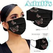 Set of 10 Black Butterfly Print Woven Face Masks with Elastic for Women Men Teens