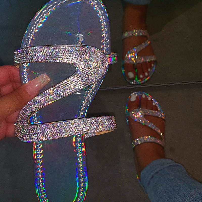 Women Summer Flat Bling Jelly Slides Transparent Sandals Plus Size