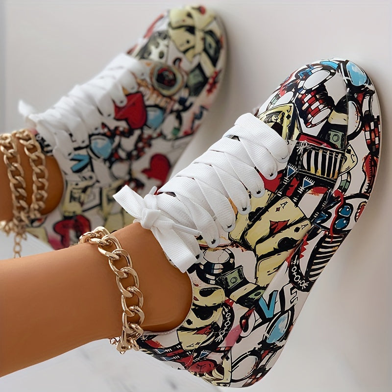 Women's Graffiti Print Sports Shoes, Lace-Up Low Top Platform Sneakers