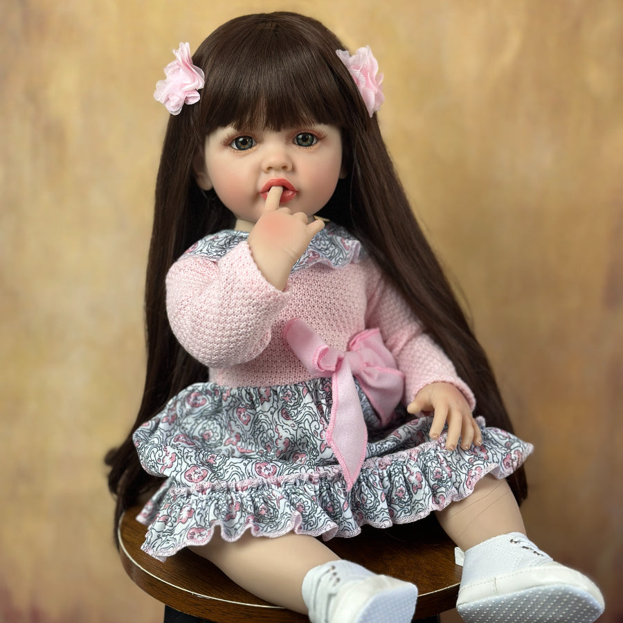 Realistic Reborn Baby Girl Doll 55cm with Long Hair Soft Vinyl Lifelike Toy