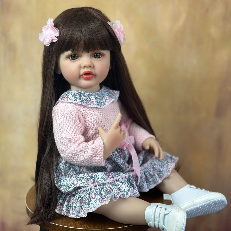Realistic Reborn Baby Girl Doll 55cm with Long Hair Soft Vinyl Lifelike Toy