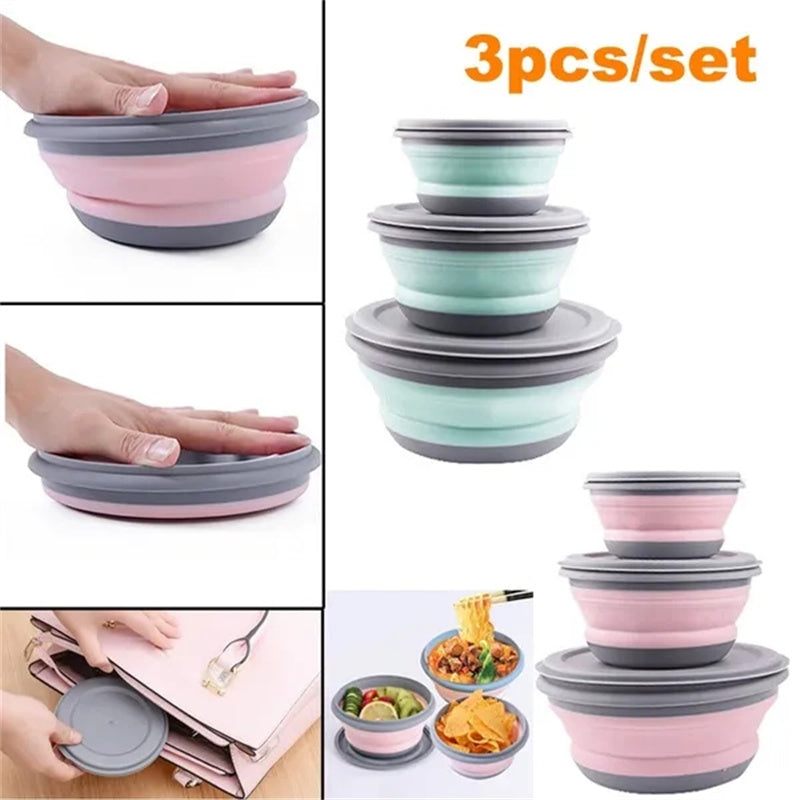 Silicone Folding Bowls Set with Lids for Camping Outdoor Food Water 3 Pack