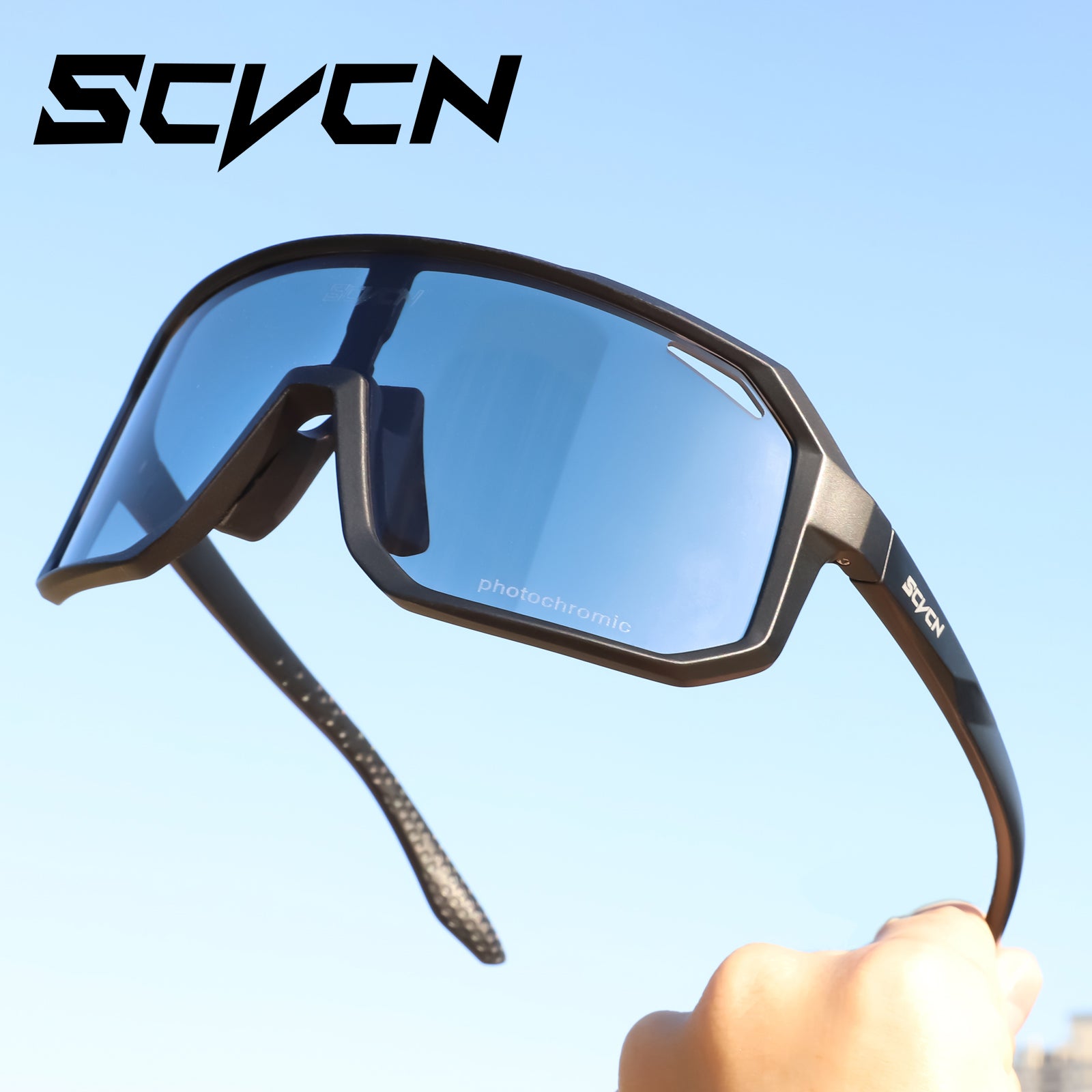 SCVCN Glasses equipped with photochromic lenses specially crafted for cycling, road driving, mountain running, and other outdoor sports. These glasses offer protection against wind for both men and women.