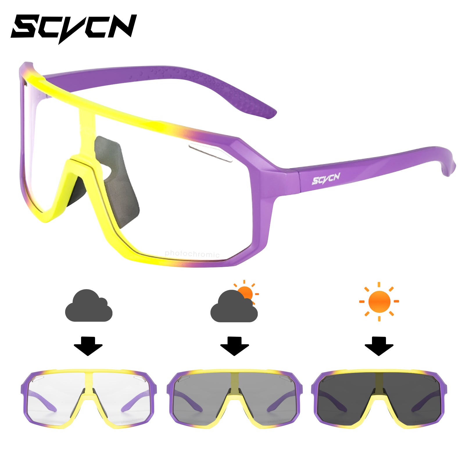 SCVCN Glasses equipped with photochromic lenses specially crafted for cycling, road driving, mountain running, and other outdoor sports. These glasses offer protection against wind for both men and women.