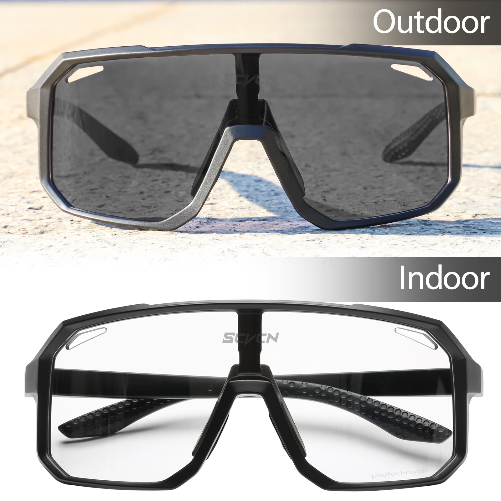 SCVCN Glasses equipped with photochromic lenses specially crafted for cycling, road driving, mountain running, and other outdoor sports. These glasses offer protection against wind for both men and women.