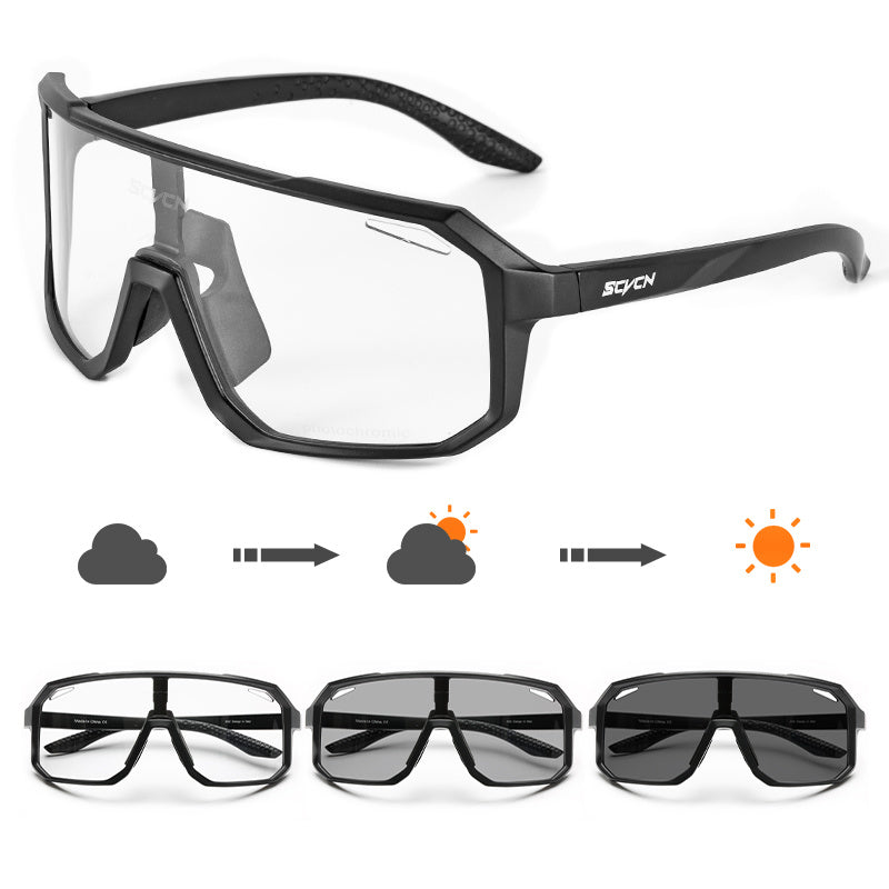 SCVCN Glasses equipped with photochromic lenses specially crafted for cycling, road driving, mountain running, and other outdoor sports. These glasses offer protection against wind for both men and women.