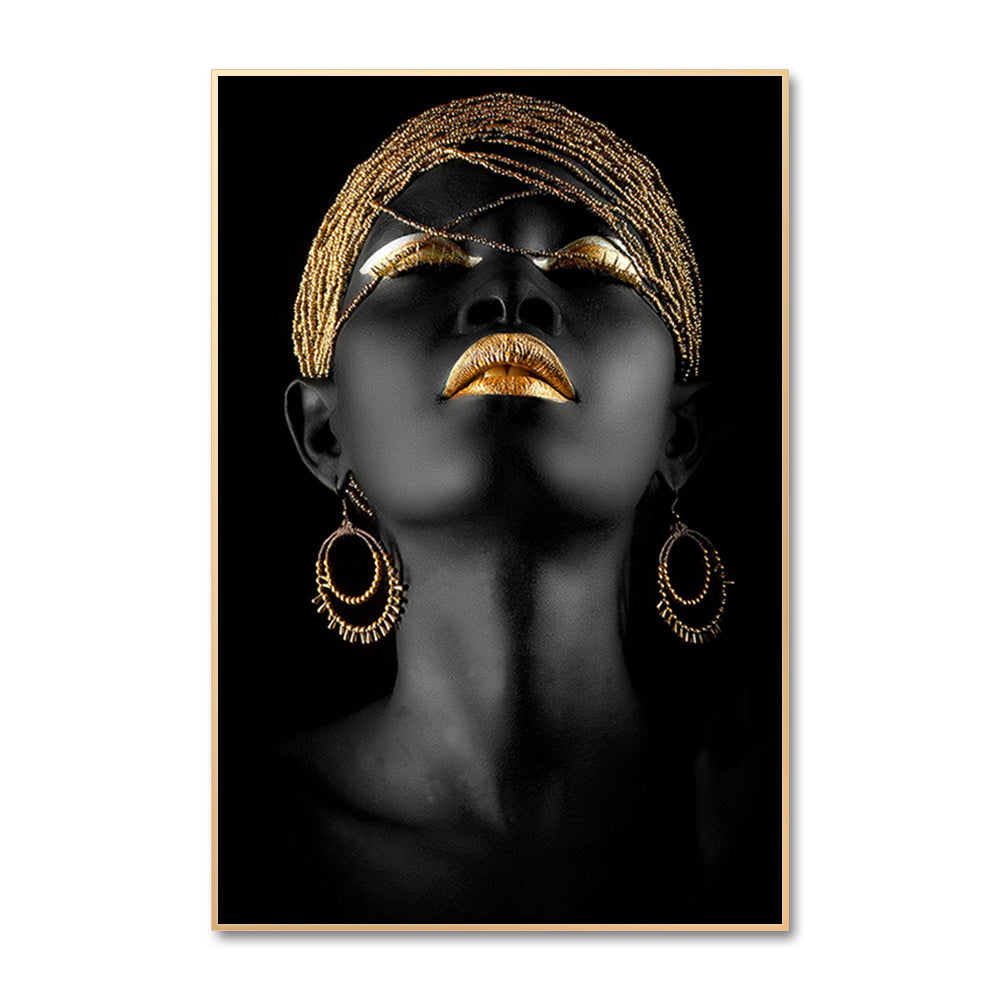 African Woman Wall Decals Canvas Posters with Gold Jewelry for Home Decor