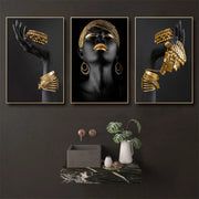 African Woman Wall Decals Canvas Posters with Gold Jewelry for Home Decor