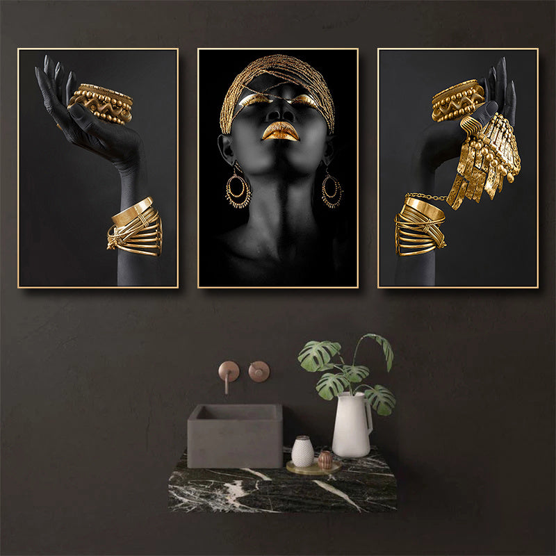 African Woman Wall Decals Canvas Posters with Gold Jewelry for Home Decor