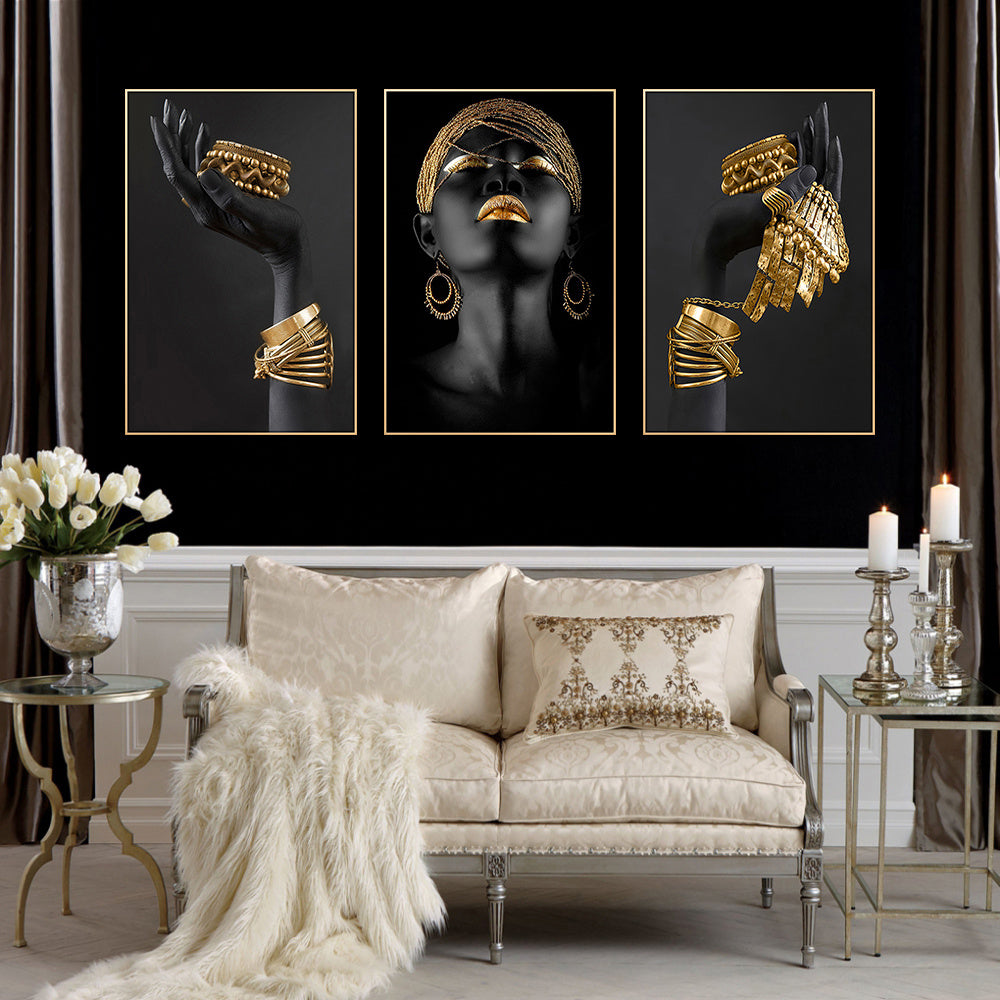 African Woman Wall Decals Canvas Posters with Gold Jewelry for Home Decor