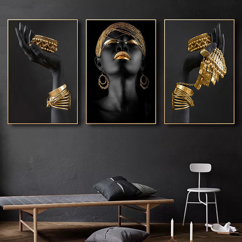 African Woman Wall Decals Canvas Posters with Gold Jewelry for Home Decor