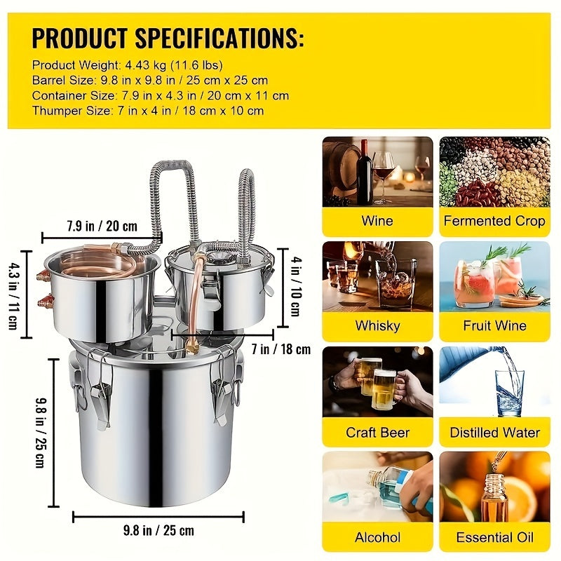 Stainless Steel Alcohol Still with Copper Tube 11.36L Home Brewing Kit for Whiskey Wine Brandy