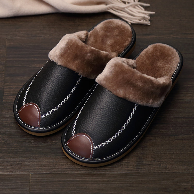 Men's Black Winter Waterproof PU Slippers with Faux Fur Lining Non-Slip PVC Sole Indoor House Shoes