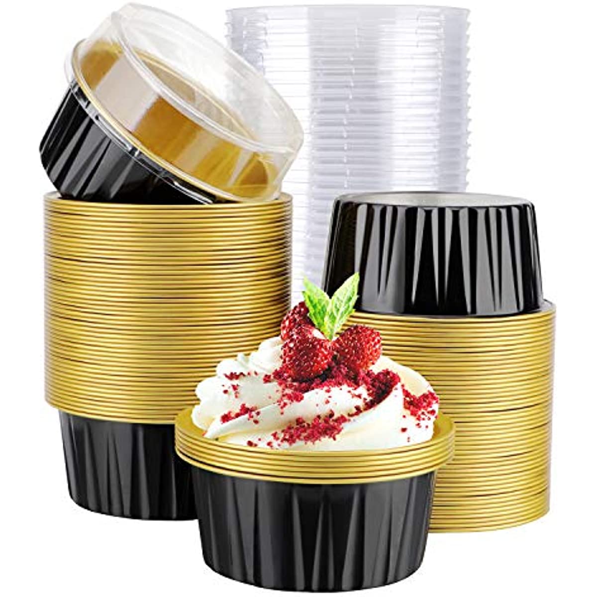 Reusable Aluminum Foil Baking Cups with Lids, Black and Gold, 10 25 50 Count