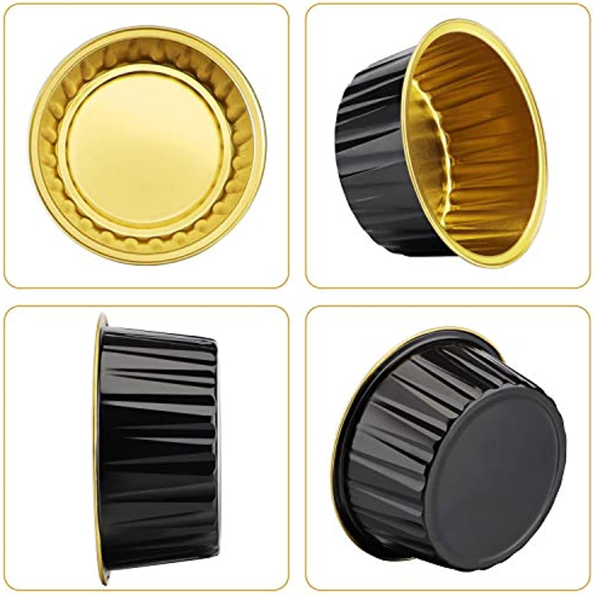 Reusable Aluminum Foil Baking Cups with Lids, Black and Gold, 10 25 50 Count