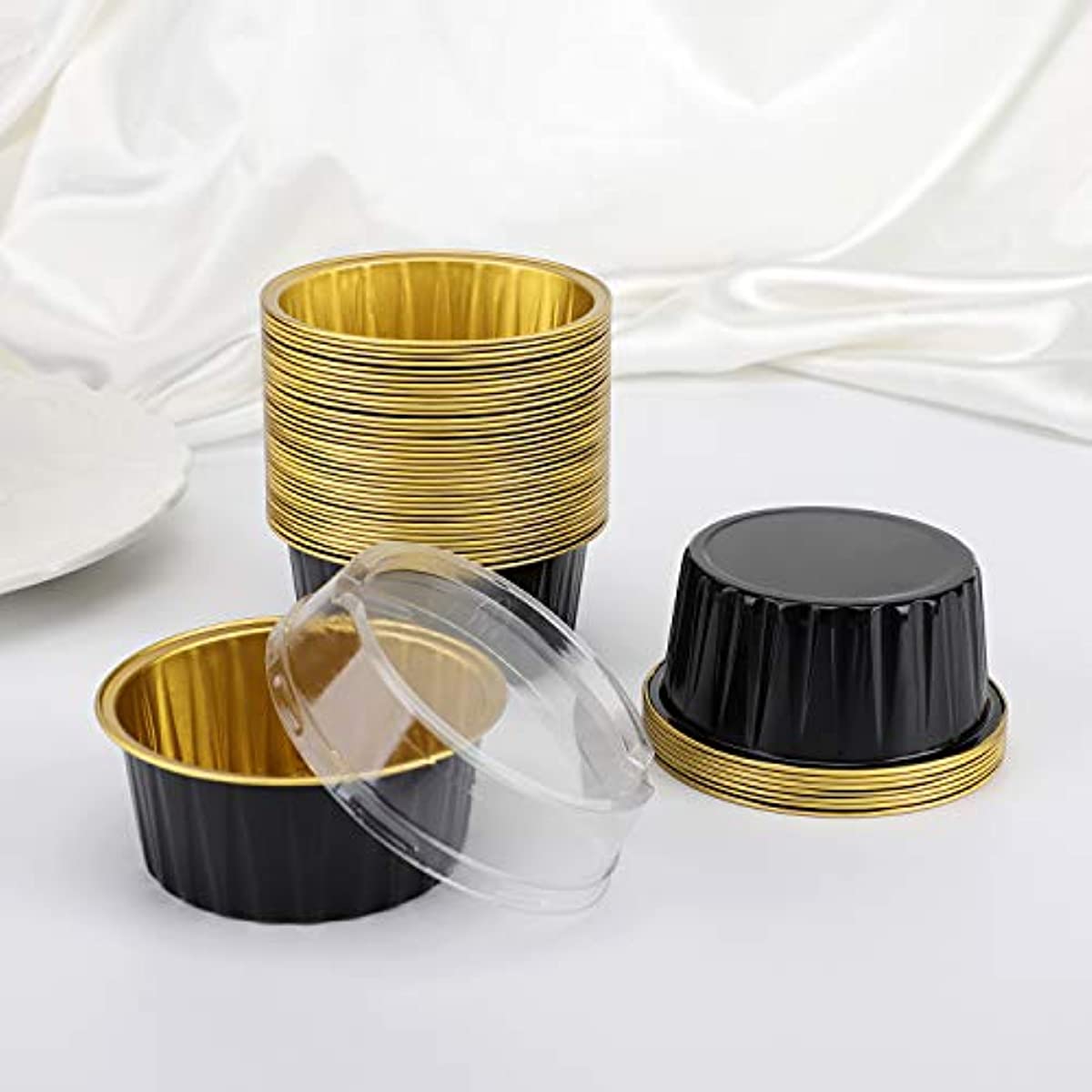 Reusable Aluminum Foil Baking Cups with Lids, Black and Gold, 10 25 50 Count