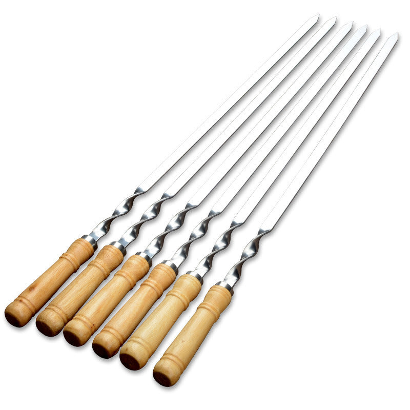 6pcs 55cm Stainless Steel and Wood BBQ Skewers with Long Handles for Outdoor Grilling