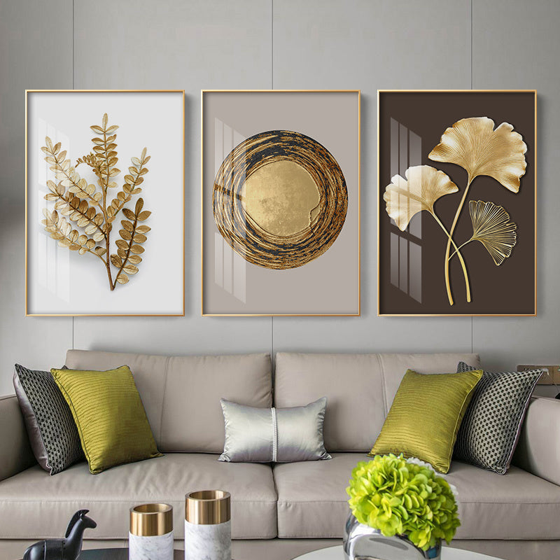 Set of 3 Modern Gold Leaf Wall Art Prints Frameless Ginkgo and Wheel Nordic Decor