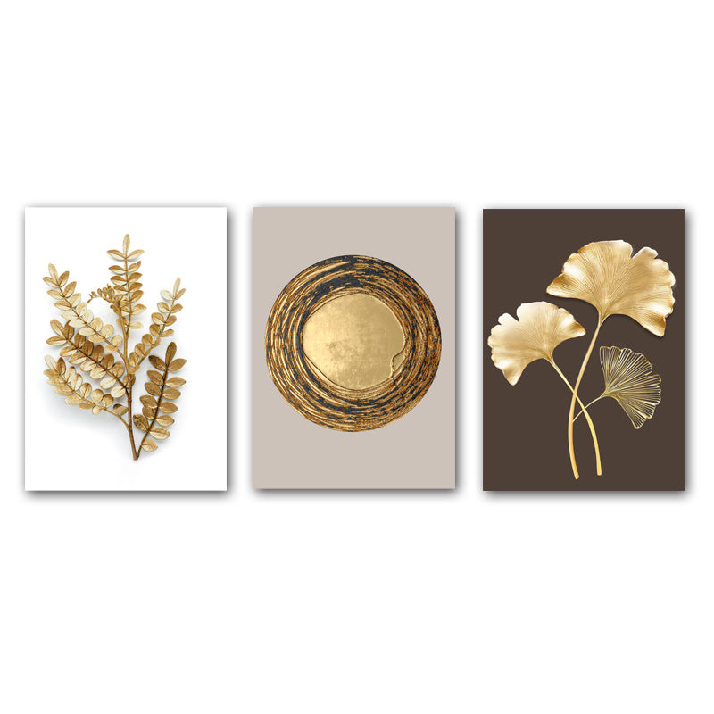 Set of 3 Modern Gold Leaf Wall Art Prints Frameless Ginkgo and Wheel Nordic Decor
